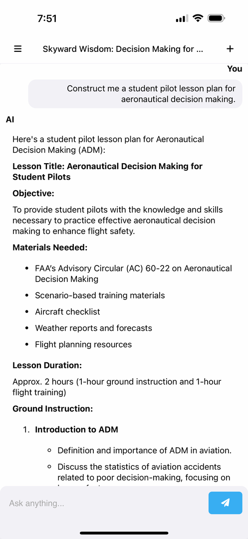 Aviator Intelligence creating a student pilot lesson plan for aeronautical decision making