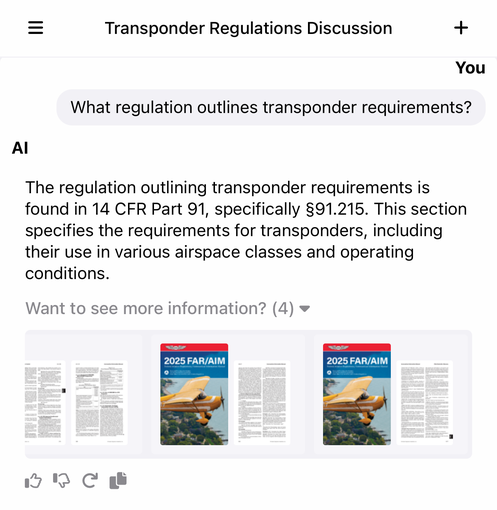 Aviator Intelligence on iPad — answering a transponder regulation question with FAR/AIM book citations
