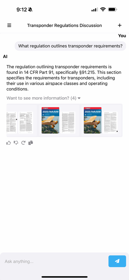 Aviator Intelligence answering a transponder regulation question with FAR/AIM book citations