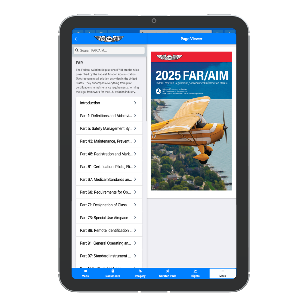 FAR/AIM reference viewer showing searchable Federal Aviation Regulations published by ASA