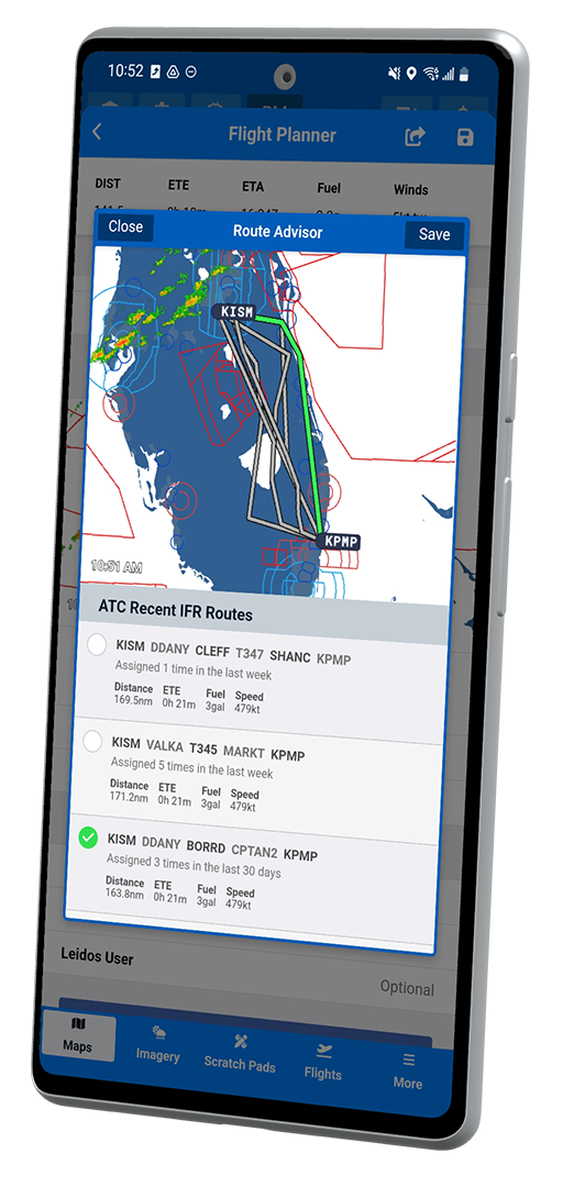 Flight route planning interface on Android showing waypoints, airways, and fuel calculations