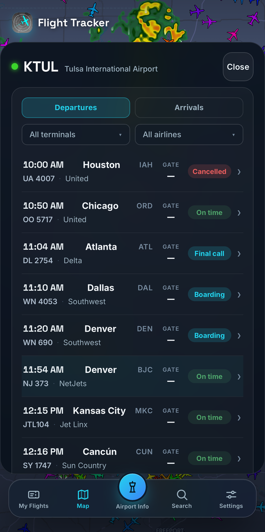 Flight Tracker departure board for Tulsa International Airport, listing flights with times, airlines, destinations, and status badges reading cancelled, on time, final call, and boarding