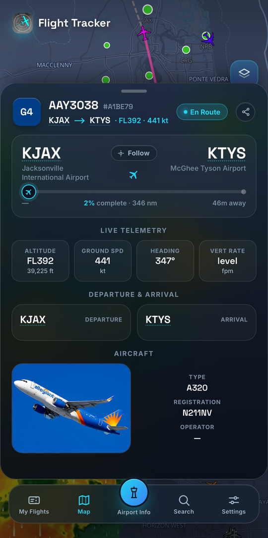 Flight Tracker flight detail panel showing live telemetry at flight level 392, 441 knots ground speed, heading 347 degrees, alongside the aircraft type, registration, and a photo of the Airbus A320 flying the route