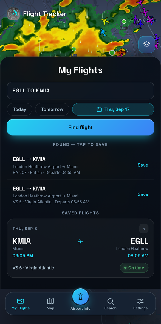 Flight Tracker My Flights screen showing a London Heathrow to Miami search with two matching flights ready to save, above a saved Virgin Atlantic trip marked on time