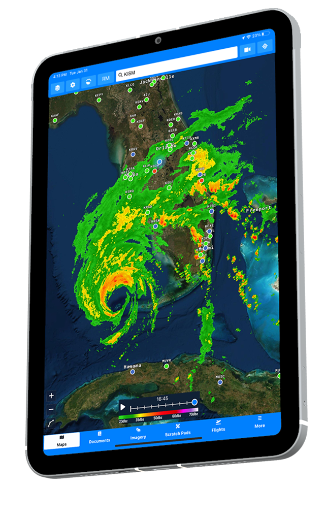 Chart supplement and data overlay showing ADS-B traffic and FIS-B weather on the moving map