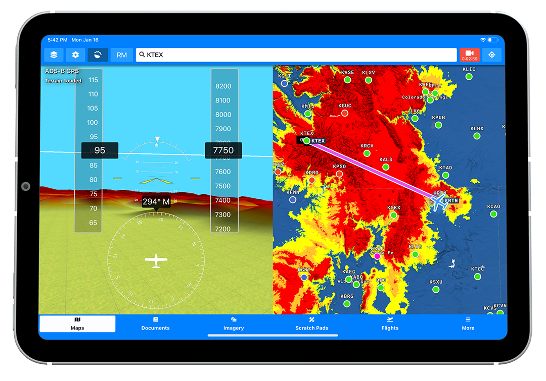 EFB terrain awareness and 3D synthetic vision displayed on an iPad with sectional chart overlay