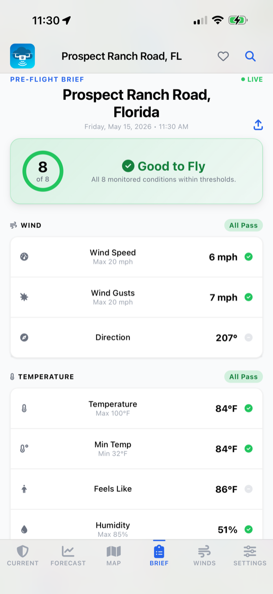 UAV Weather pre-flight brief showing 8 of 8 conditions passing with Wind, Temperature, and Sky categories