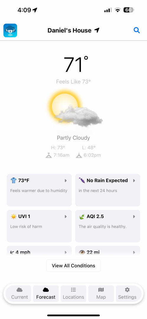 UAV Weather detailed conditions view with feels like, rain probability, UV, AQI, wind, and visibility