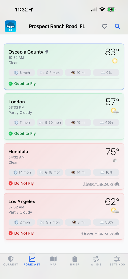 UAV Weather multi-location forecast list with Osceola County and London passing, Honolulu and Los Angeles flagged Do Not Fly