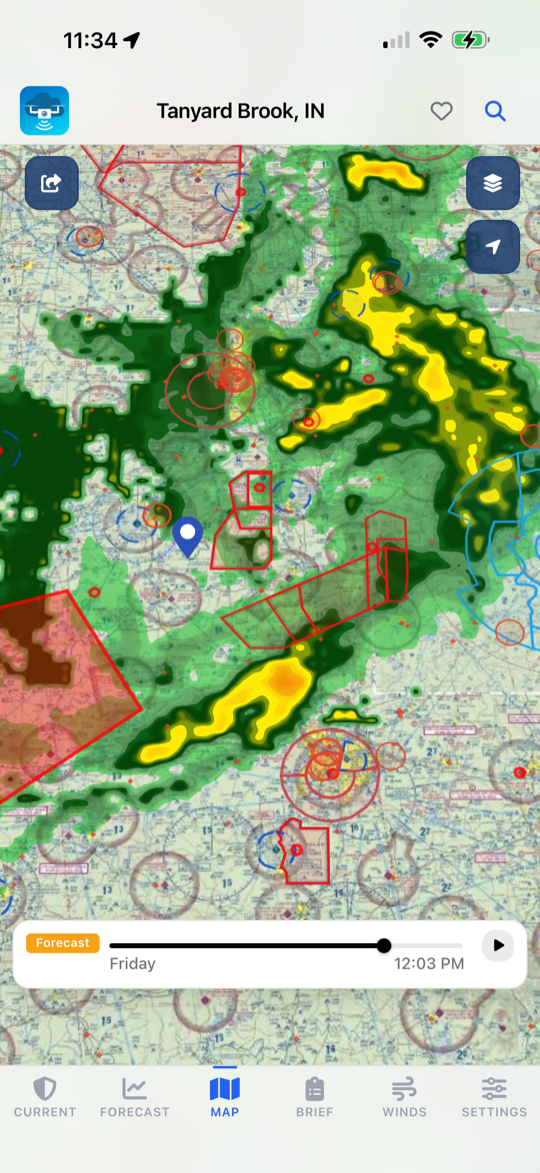 UAV Weather map with radar overlay, controlled airspace rings, and restricted area polygons on the VFR sectional