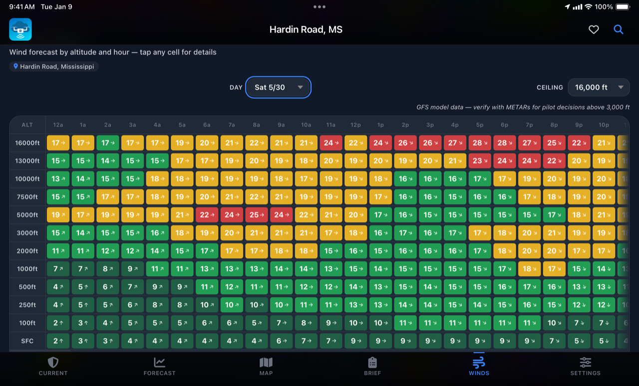 UAV Weather on iPad — wind forecast grid by altitude and hour in dark mode
