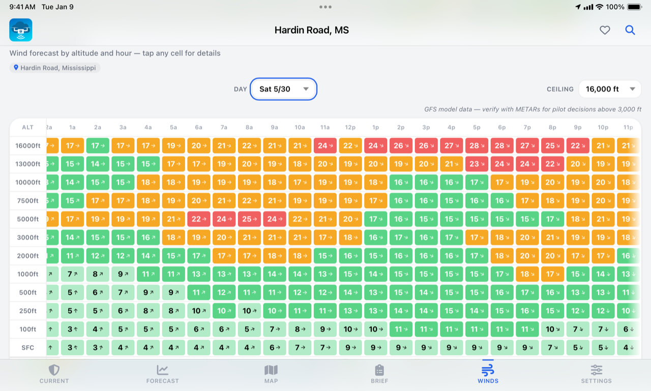 UAV Weather on iPad — wind forecast grid by altitude and hour, color-coded green/yellow/red with direction arrows