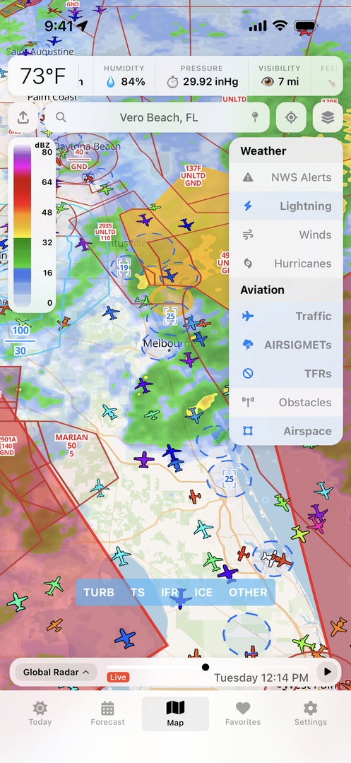 Vortix Pro aviation view with airspace, TFRs, ADS-B traffic, and AIRSIGMETs overlaid on the map