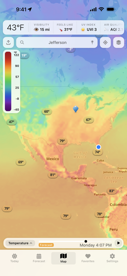 Vortix Pro temperature forecast overlay with color gradient legend across the Americas