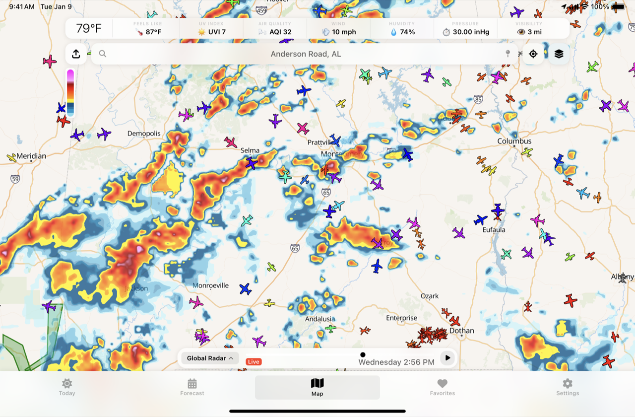 Vortix Pro on iPad — live weather radar with ADS-B traffic overlaid across the Southeast