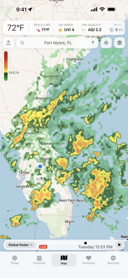 Vortix Pro live weather radar showing precipitation over Florida with animated playback controls