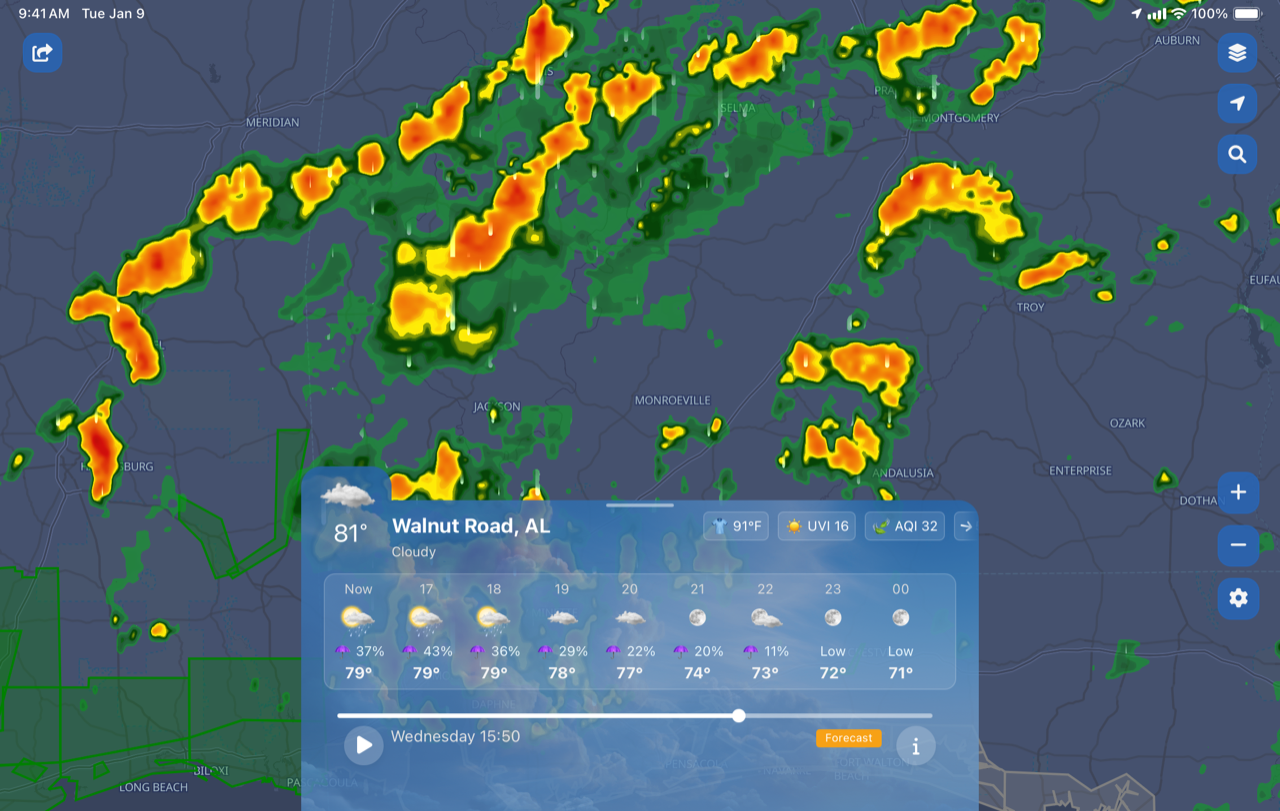 WeatherScope on iPad — live radar in dark mode with hourly forecast panel