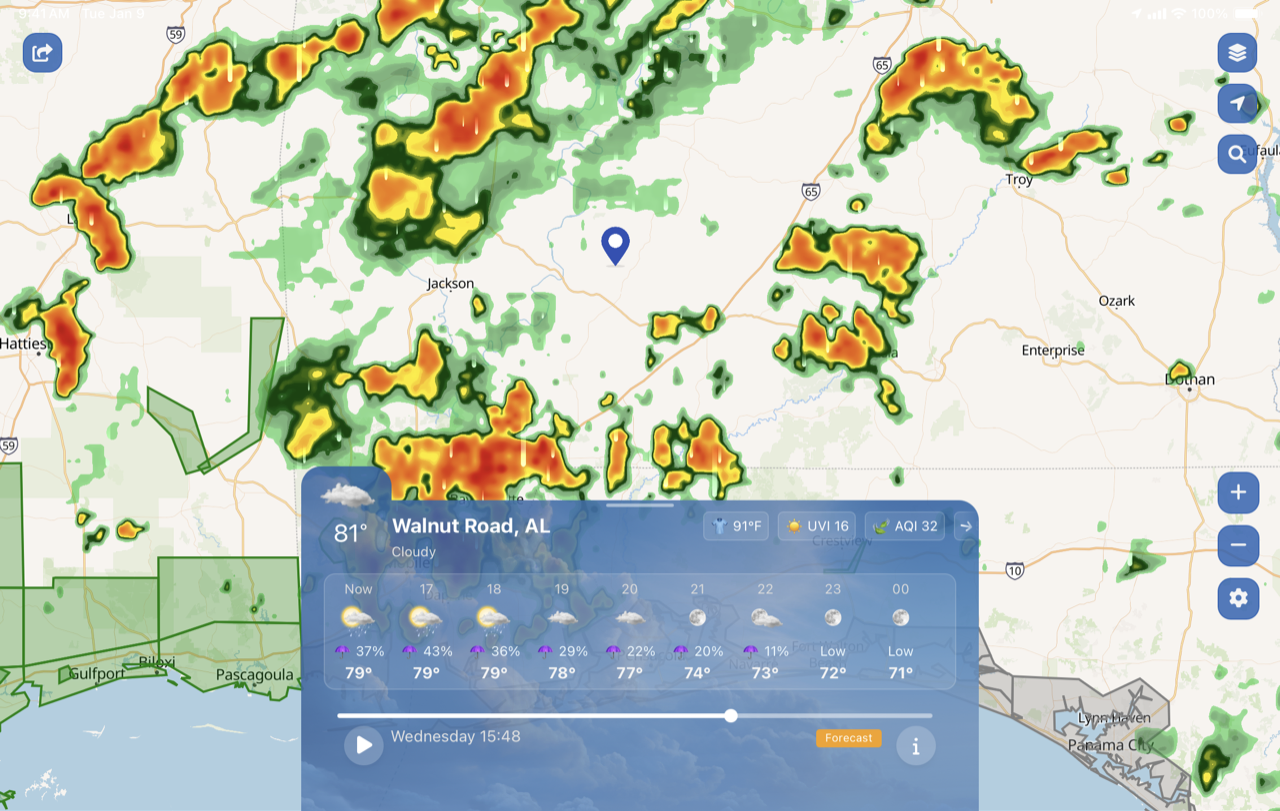 WeatherScope on iPad — live radar over the Gulf Coast with hourly forecast panel