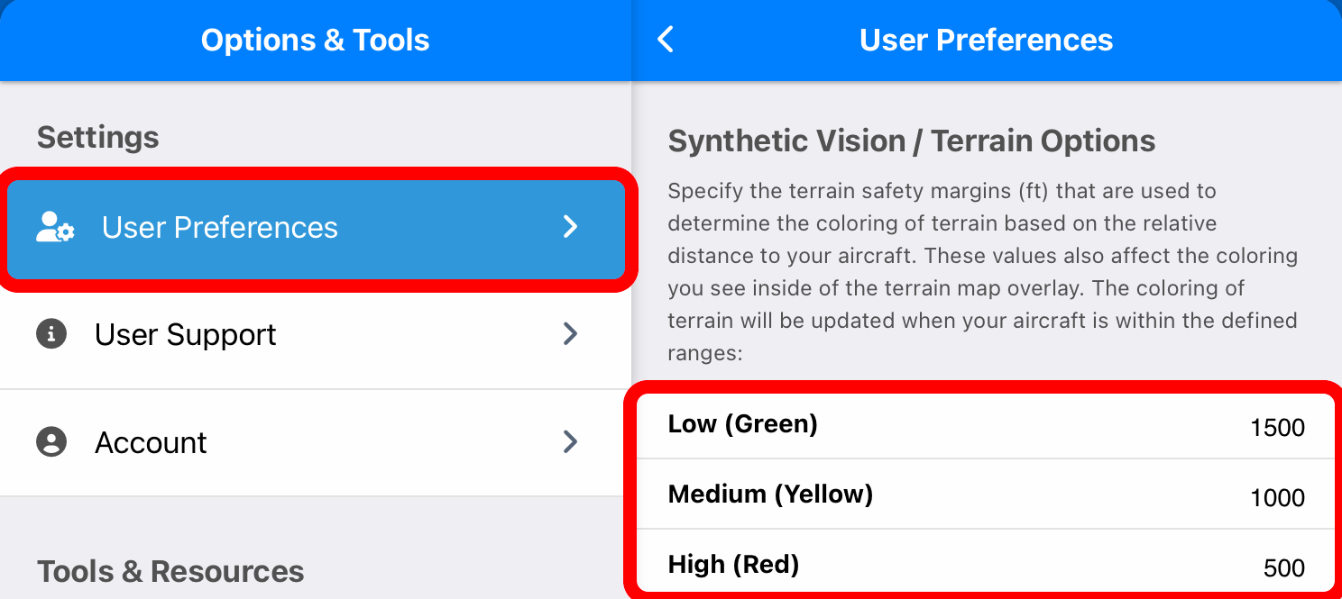 Image showing User Preferences settings menu inside of Aviator Assistant on a tablet.